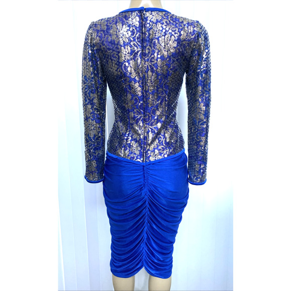 Vintage Tadashi Dress Blue Gold Sequin Long Sleeve V Neck Embellished Ru… - Picture 2 of 10